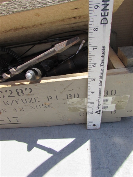 VINTAGE WOODEN AMMO CRATE/BOX WITH ASSORTED HAND TOOLS