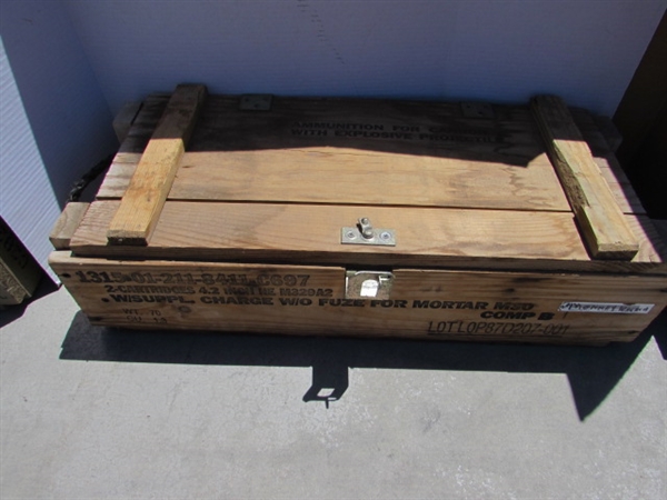 VINTAGE WOODEN AMMO CRATE/BOX WITH PIPE WRENCHES & MORE