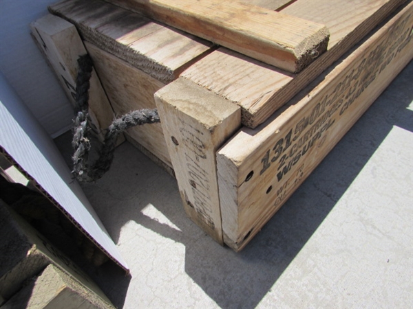 VINTAGE WOODEN AMMO CRATE/BOX WITH PIPE WRENCHES & MORE