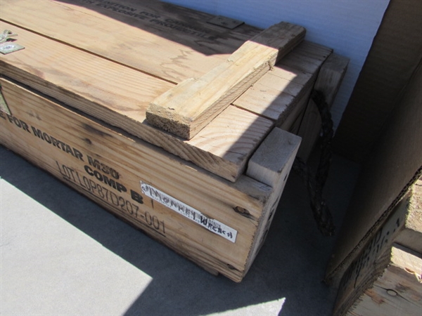 VINTAGE WOODEN AMMO CRATE/BOX WITH PIPE WRENCHES & MORE