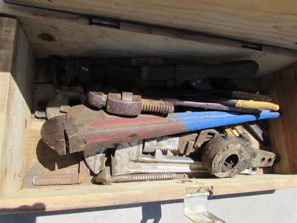 VINTAGE WOODEN AMMO CRATE/BOX WITH PIPE WRENCHES & MORE
