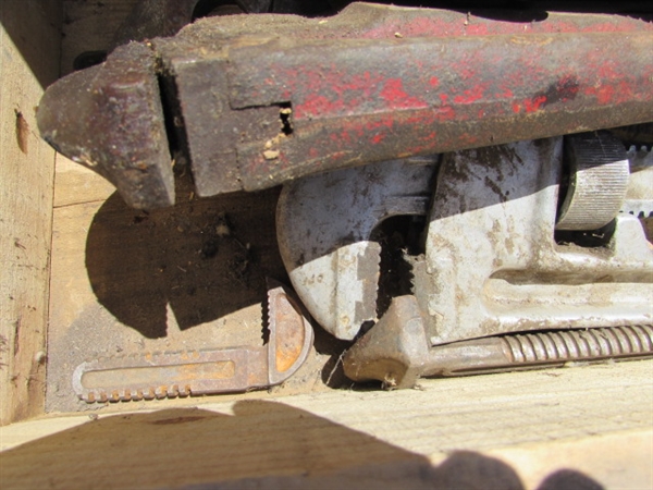 VINTAGE WOODEN AMMO CRATE/BOX WITH PIPE WRENCHES & MORE