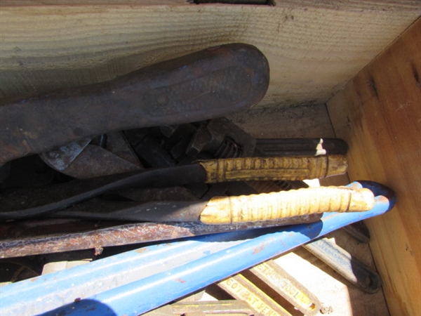 VINTAGE WOODEN AMMO CRATE/BOX WITH PIPE WRENCHES & MORE