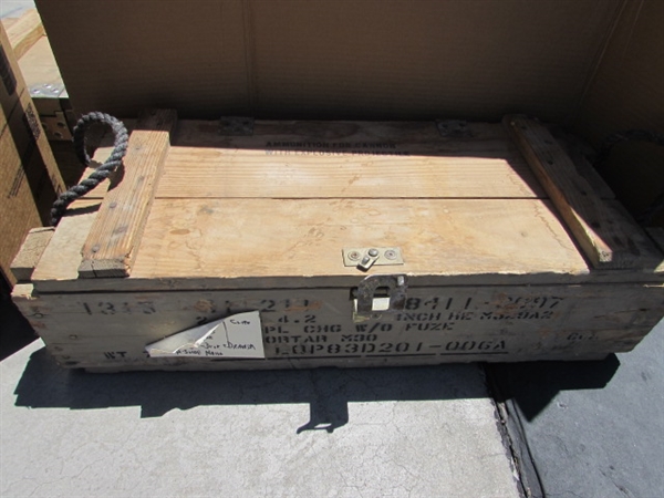 VINTAGE WOODEN AMMO CRATE/BOX WITH MISC ITEMS