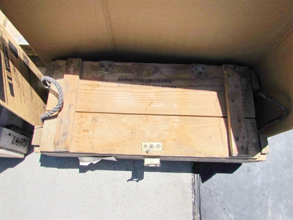 VINTAGE WOODEN AMMO CRATE/BOX WITH MISC ITEMS