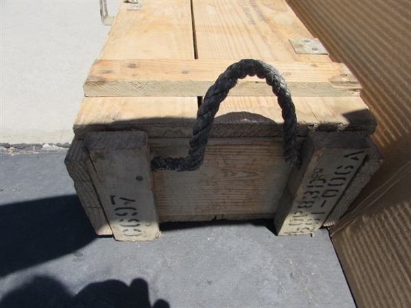 VINTAGE WOODEN AMMO CRATE/BOX WITH MISC ITEMS