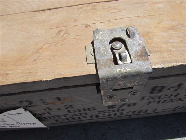 VINTAGE WOODEN AMMO CRATE/BOX WITH MISC ITEMS