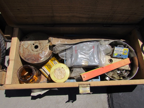 VINTAGE WOODEN AMMO CRATE/BOX WITH MISC ITEMS
