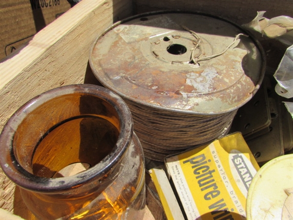 VINTAGE WOODEN AMMO CRATE/BOX WITH MISC ITEMS