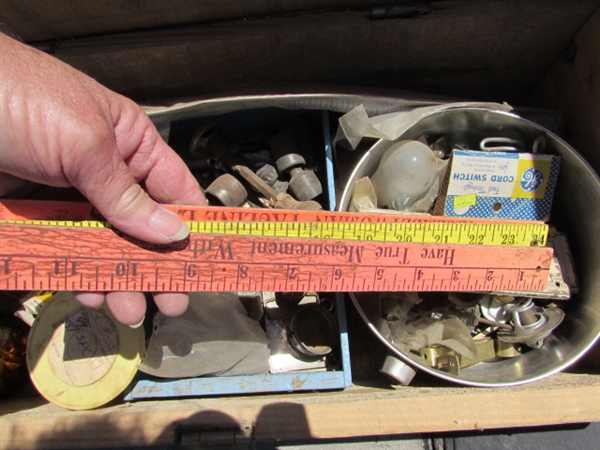 VINTAGE WOODEN AMMO CRATE/BOX WITH MISC ITEMS