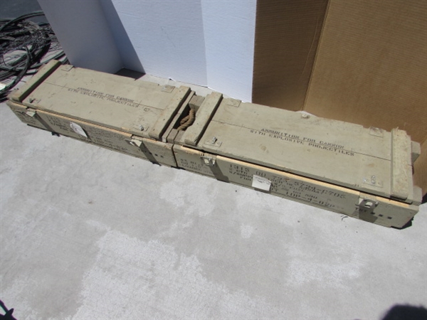 2 VINTAGE WOODEN AMMO CRATES/BOXES WITH ASST HANDLES, PARTS & MORE