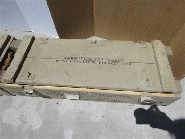 2 VINTAGE WOODEN AMMO CRATES/BOXES WITH ASST HANDLES, PARTS & MORE