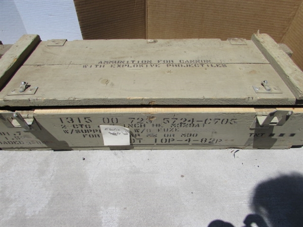 2 VINTAGE WOODEN AMMO CRATES/BOXES WITH ASST HANDLES, PARTS & MORE