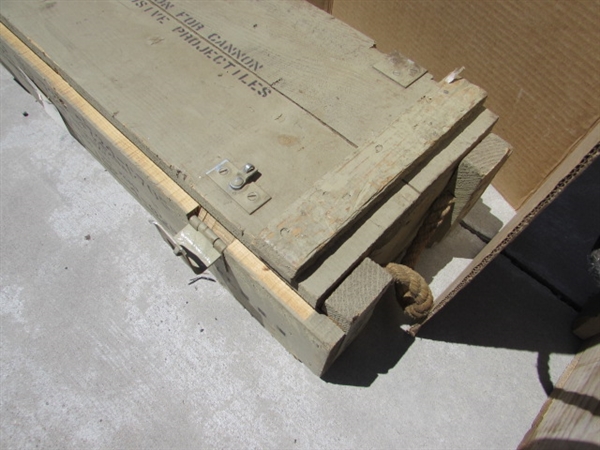 2 VINTAGE WOODEN AMMO CRATES/BOXES WITH ASST HANDLES, PARTS & MORE