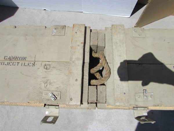 2 VINTAGE WOODEN AMMO CRATES/BOXES WITH ASST HANDLES, PARTS & MORE