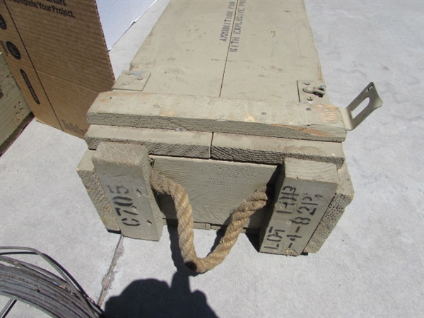 2 VINTAGE WOODEN AMMO CRATES/BOXES WITH ASST HANDLES, PARTS & MORE
