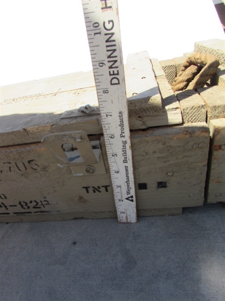 2 VINTAGE WOODEN AMMO CRATES/BOXES WITH ASST HANDLES, PARTS & MORE