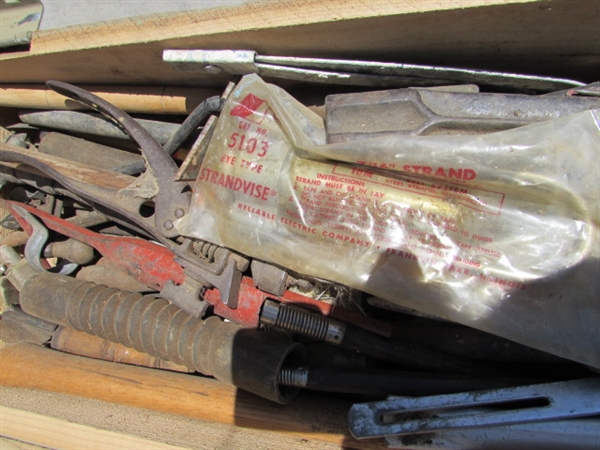 2 VINTAGE WOODEN AMMO CRATES/BOXES WITH ASST HANDLES, PARTS & MORE