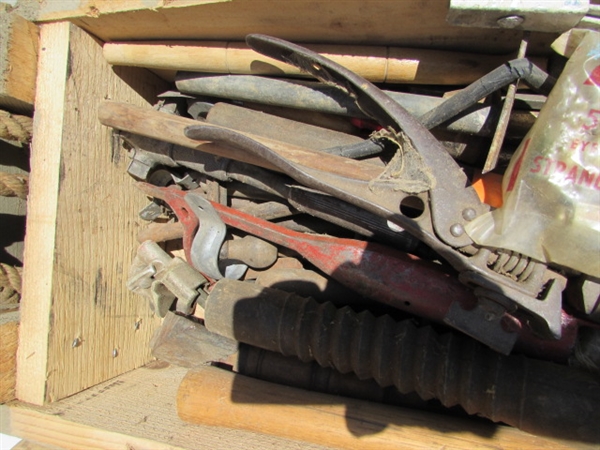 2 VINTAGE WOODEN AMMO CRATES/BOXES WITH ASST HANDLES, PARTS & MORE