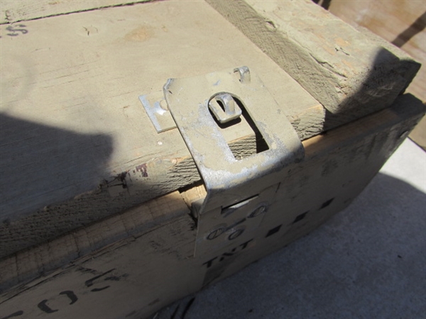 2 VINTAGE WOODEN AMMO CRATES/BOXES WITH ASST HANDLES, PARTS & MORE