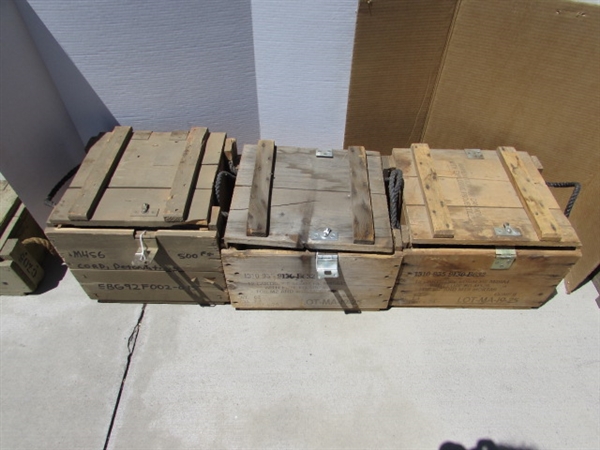 3 VINTAGE WOODEN AMMO CRATES/BOXES WITH ASST HARDWARE, PARTS & MORE