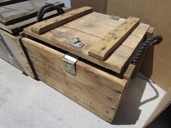 3 VINTAGE WOODEN AMMO CRATES/BOXES WITH ASST HARDWARE, PARTS & MORE