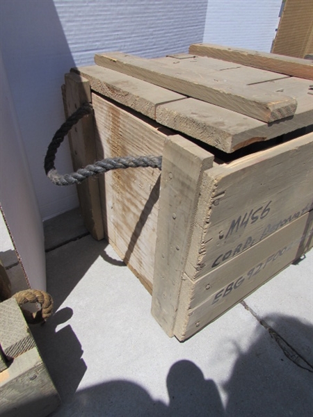 3 VINTAGE WOODEN AMMO CRATES/BOXES WITH ASST HARDWARE, PARTS & MORE