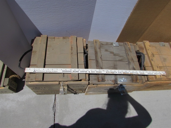 3 VINTAGE WOODEN AMMO CRATES/BOXES WITH ASST HARDWARE, PARTS & MORE