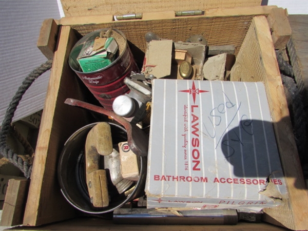 3 VINTAGE WOODEN AMMO CRATES/BOXES WITH ASST HARDWARE, PARTS & MORE