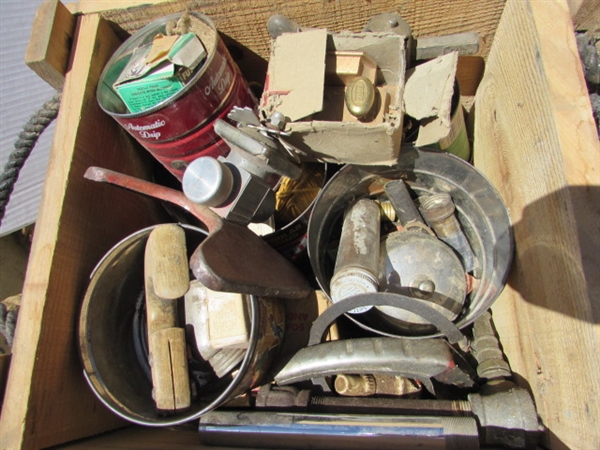 3 VINTAGE WOODEN AMMO CRATES/BOXES WITH ASST HARDWARE, PARTS & MORE