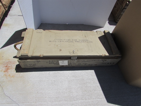 VINTAGE WOODEN AMMO CRATE/BOX WITH AXE, PICKAXES, HOES, RAKES & MORE