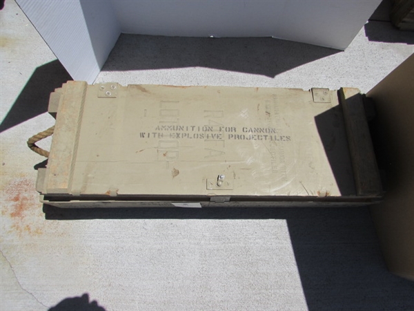 VINTAGE WOODEN AMMO CRATE/BOX WITH AXE, PICKAXES, HOES, RAKES & MORE