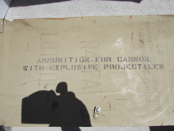 VINTAGE WOODEN AMMO CRATE/BOX WITH AXE, PICKAXES, HOES, RAKES & MORE
