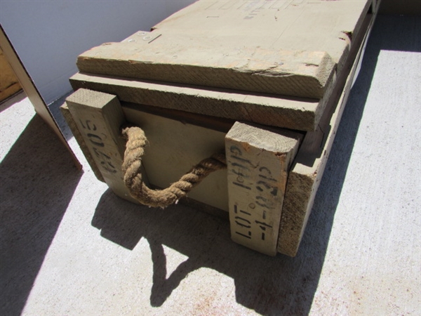 VINTAGE WOODEN AMMO CRATE/BOX WITH AXE, PICKAXES, HOES, RAKES & MORE