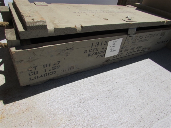 VINTAGE WOODEN AMMO CRATE/BOX WITH AXE, PICKAXES, HOES, RAKES & MORE