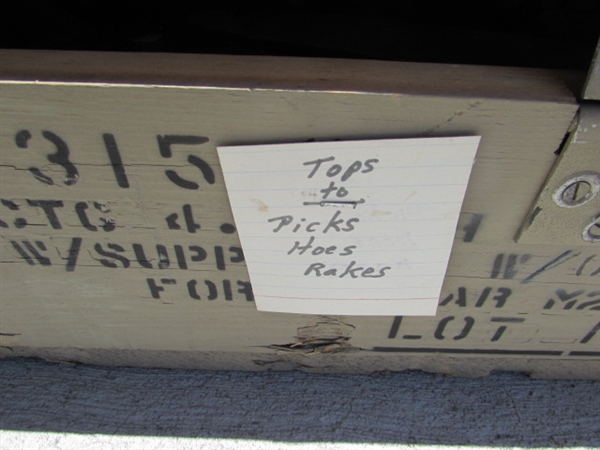 VINTAGE WOODEN AMMO CRATE/BOX WITH AXE, PICKAXES, HOES, RAKES & MORE