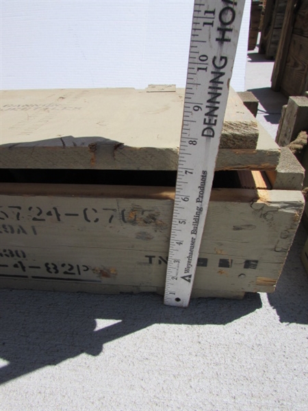 VINTAGE WOODEN AMMO CRATE/BOX WITH AXE, PICKAXES, HOES, RAKES & MORE