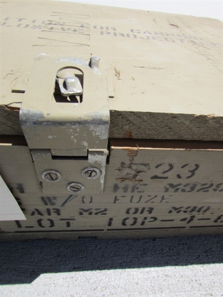VINTAGE WOODEN AMMO CRATE/BOX WITH AXE, PICKAXES, HOES, RAKES & MORE