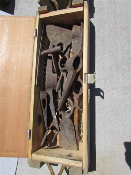 VINTAGE WOODEN AMMO CRATE/BOX WITH AXE, PICKAXES, HOES, RAKES & MORE