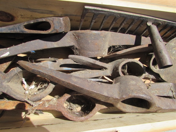 VINTAGE WOODEN AMMO CRATE/BOX WITH AXE, PICKAXES, HOES, RAKES & MORE