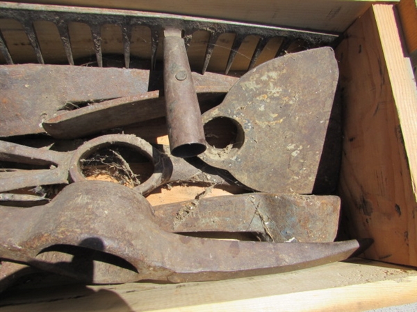 VINTAGE WOODEN AMMO CRATE/BOX WITH AXE, PICKAXES, HOES, RAKES & MORE