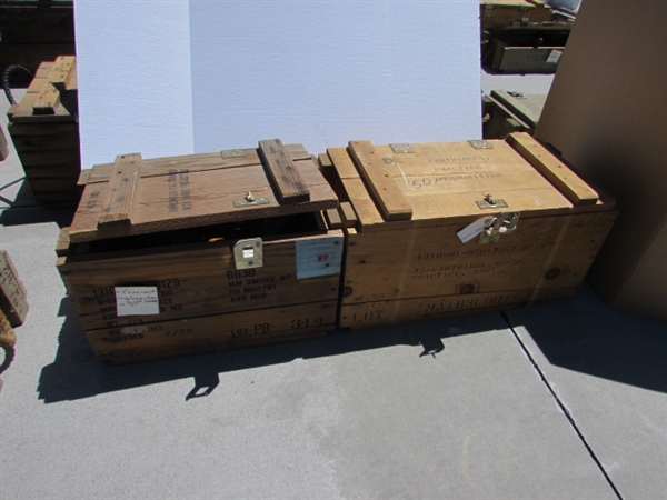 2 VINTAGE WOODEN AMMO CRATES/BOXES WITH WRENCHES, SNAKES, HARDWARE & MORE