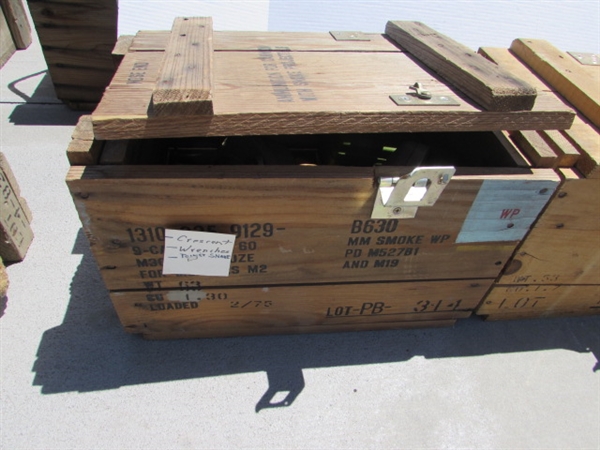 2 VINTAGE WOODEN AMMO CRATES/BOXES WITH WRENCHES, SNAKES, HARDWARE & MORE