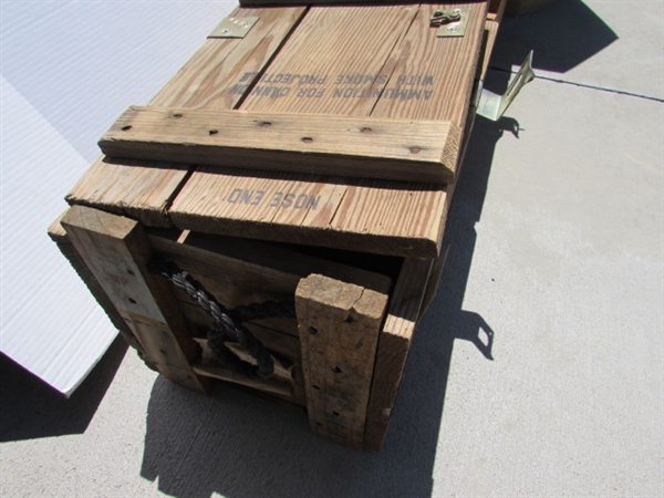 2 VINTAGE WOODEN AMMO CRATES/BOXES WITH WRENCHES, SNAKES, HARDWARE & MORE