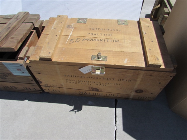 2 VINTAGE WOODEN AMMO CRATES/BOXES WITH WRENCHES, SNAKES, HARDWARE & MORE