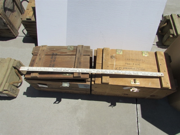 2 VINTAGE WOODEN AMMO CRATES/BOXES WITH WRENCHES, SNAKES, HARDWARE & MORE