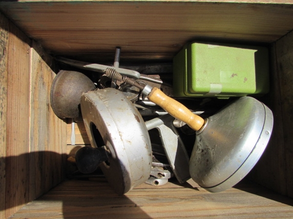 2 VINTAGE WOODEN AMMO CRATES/BOXES WITH WRENCHES, SNAKES, HARDWARE & MORE