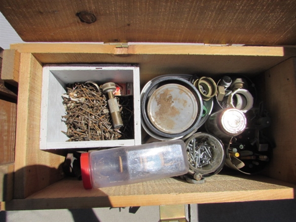 2 VINTAGE WOODEN AMMO CRATES/BOXES WITH WRENCHES, SNAKES, HARDWARE & MORE