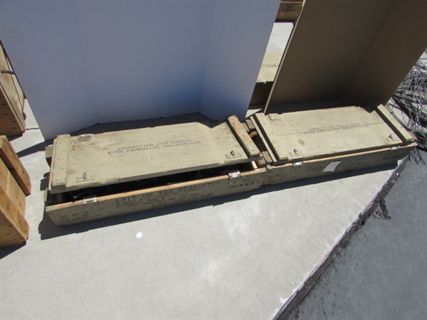 2 VINTAGE WOODEN AMMO CRATES/BOXES WITH ASST HARDWARE, PARTS & MORE