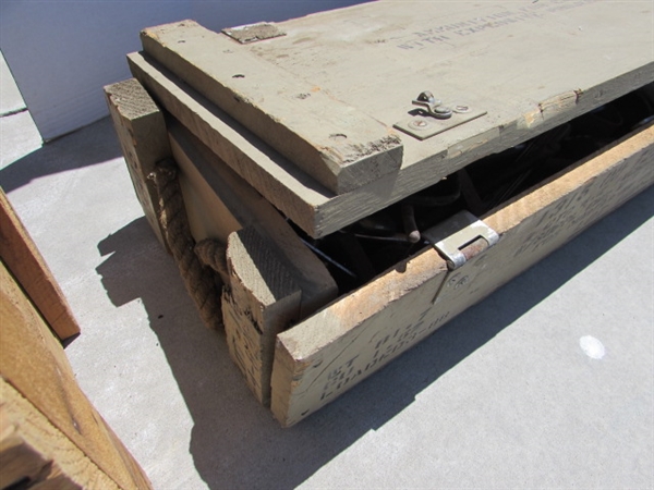 2 VINTAGE WOODEN AMMO CRATES/BOXES WITH ASST HARDWARE, PARTS & MORE